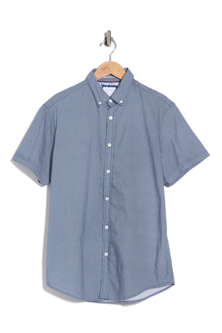 Geometric Print Short Sleeve Button-Down Shirt, Alternate, color, NAVY