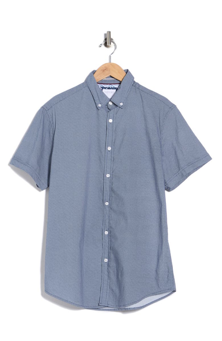 DENIM AND FLOWER Geometric Print Short Sleeve Button-Down Shirt, Main, color, Navy