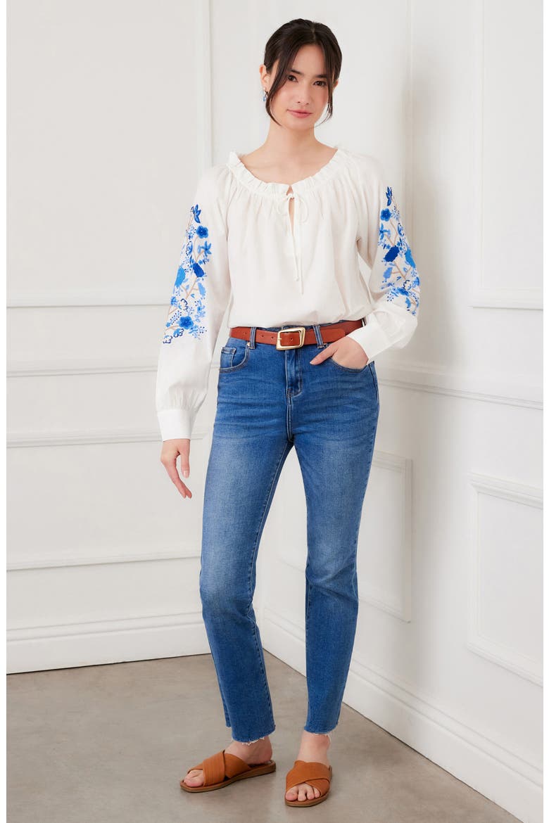Floral Embroidered Cotton Peasant Top, Alternate, color, WHITE