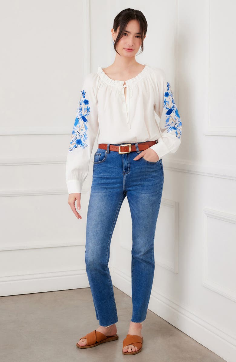 Karen Kane Floral Embroidered Cotton Peasant Top, Alternate, color, White