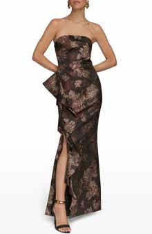 Metallic Floral Jacquard Strapless Gown