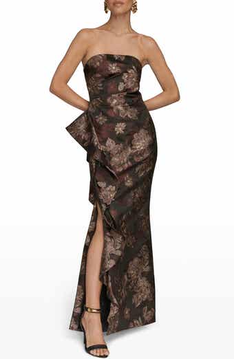 Metallic Floral Jacquard Strapless Gown
