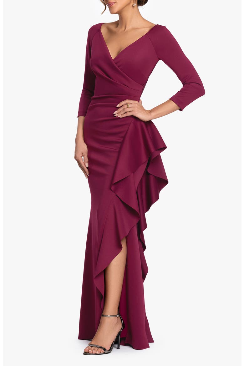 Cascade Ruffle Long Sleeve Scuba Crepe Gown, Alternate, color, WINE
