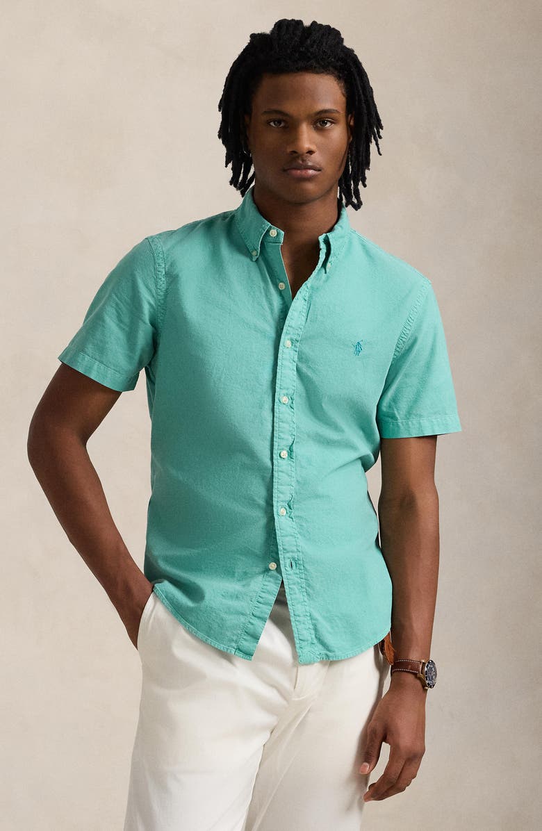 Polo Ralph Lauren Classic Fit Solid Green Short Sleeve Button-Down Oxford Shirt, Alternate, color, 