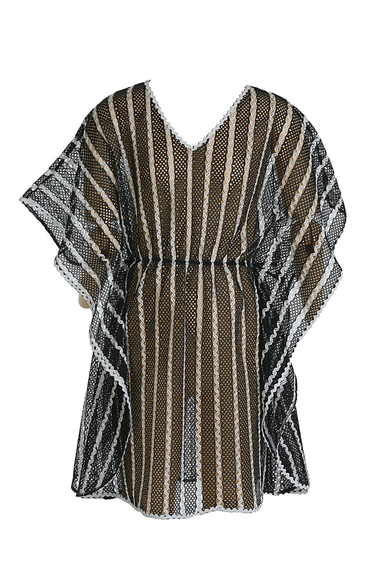 Striped Mesh Caftan Pareo, Main, color, Black-White