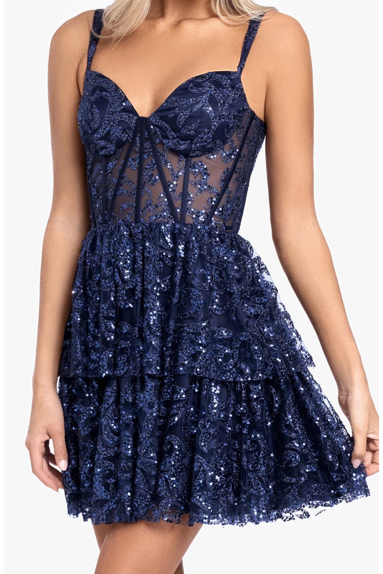 Sequin Tiered Fit & Flare Cocktail Minidress, Alternate, color, NAVY