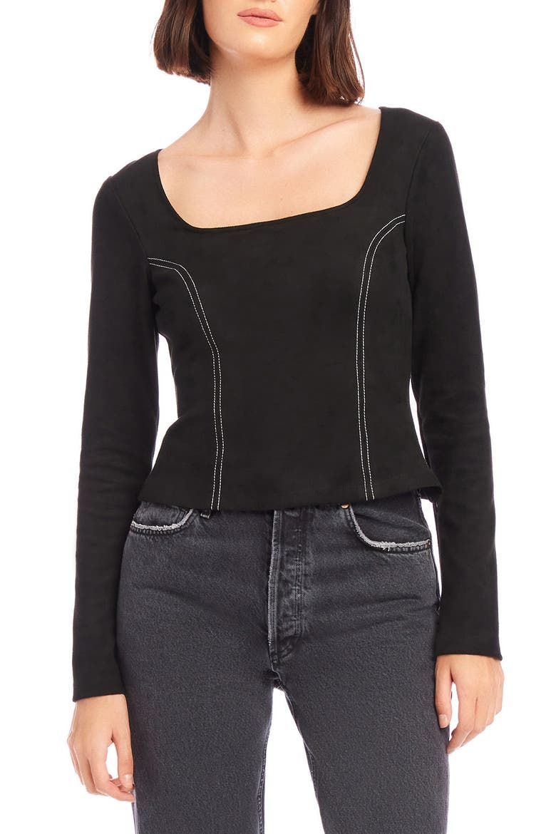 Contrast Stitch Faux Suede Top, Main, color, BLACK