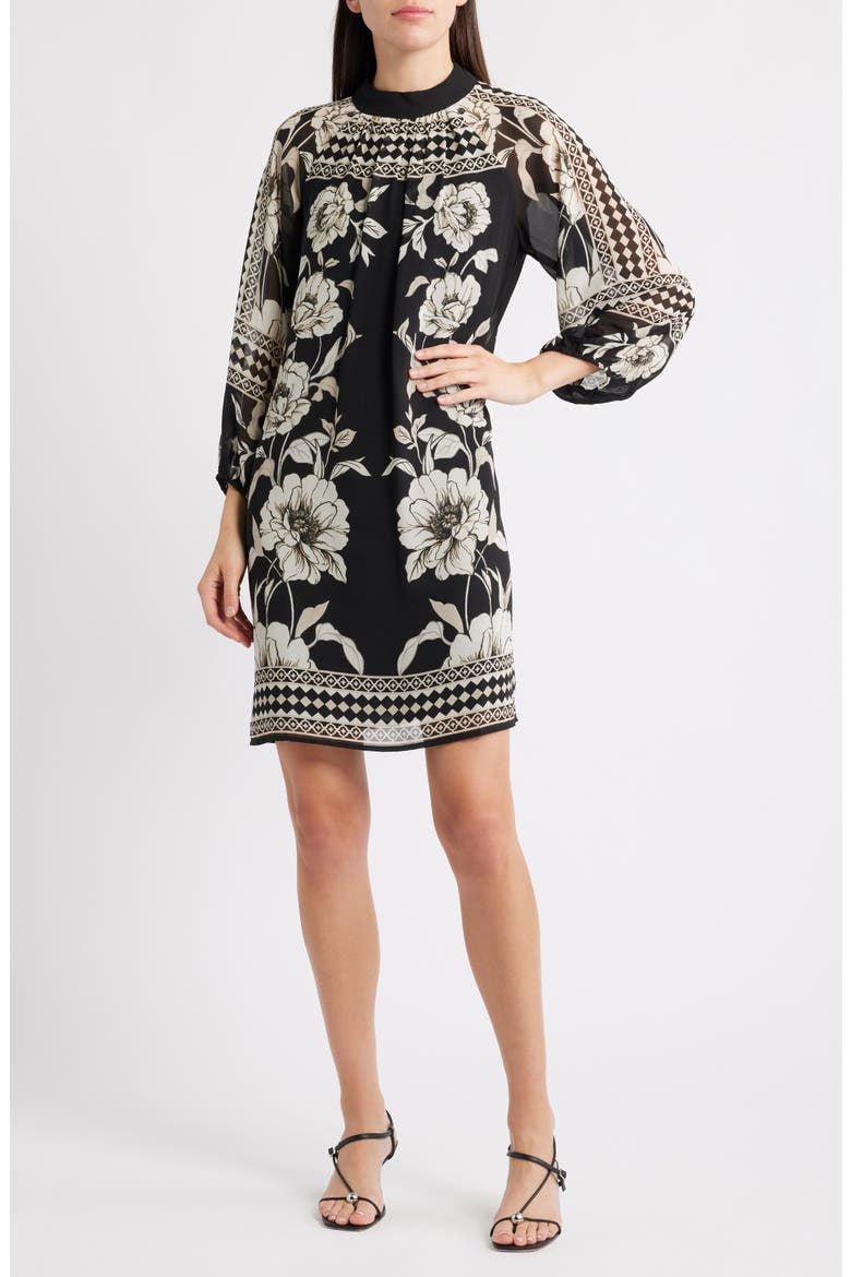 Print Long Sleeve Shift Dress, Main, color, RICH BLACK