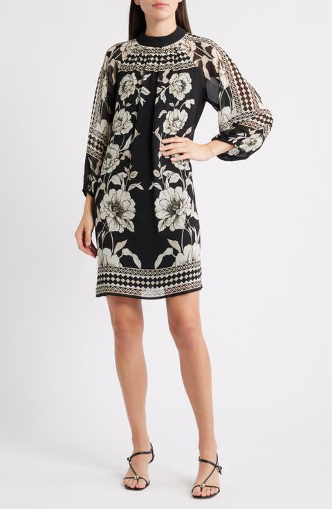 Print Long Sleeve Shift Dress