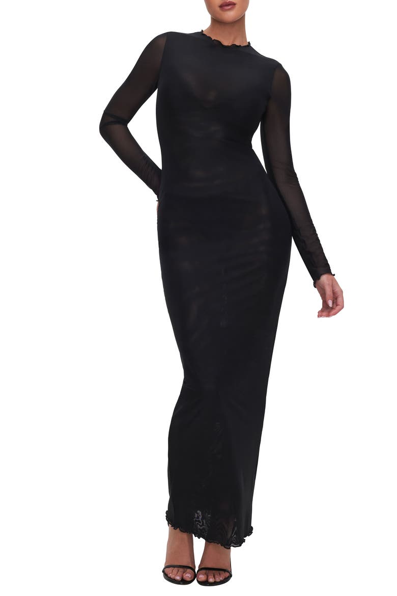 Long Sleeve Mesh Cover-Up Dress, Main, color, BLACK001