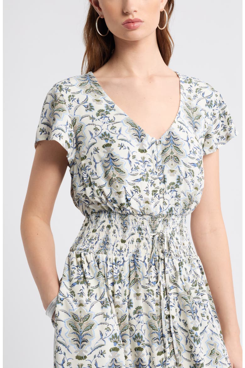 Print Smocked Waist Ruffle Hem Maxi Dress, Alternate, color, IVORY SHELL WILLOW FLORAL