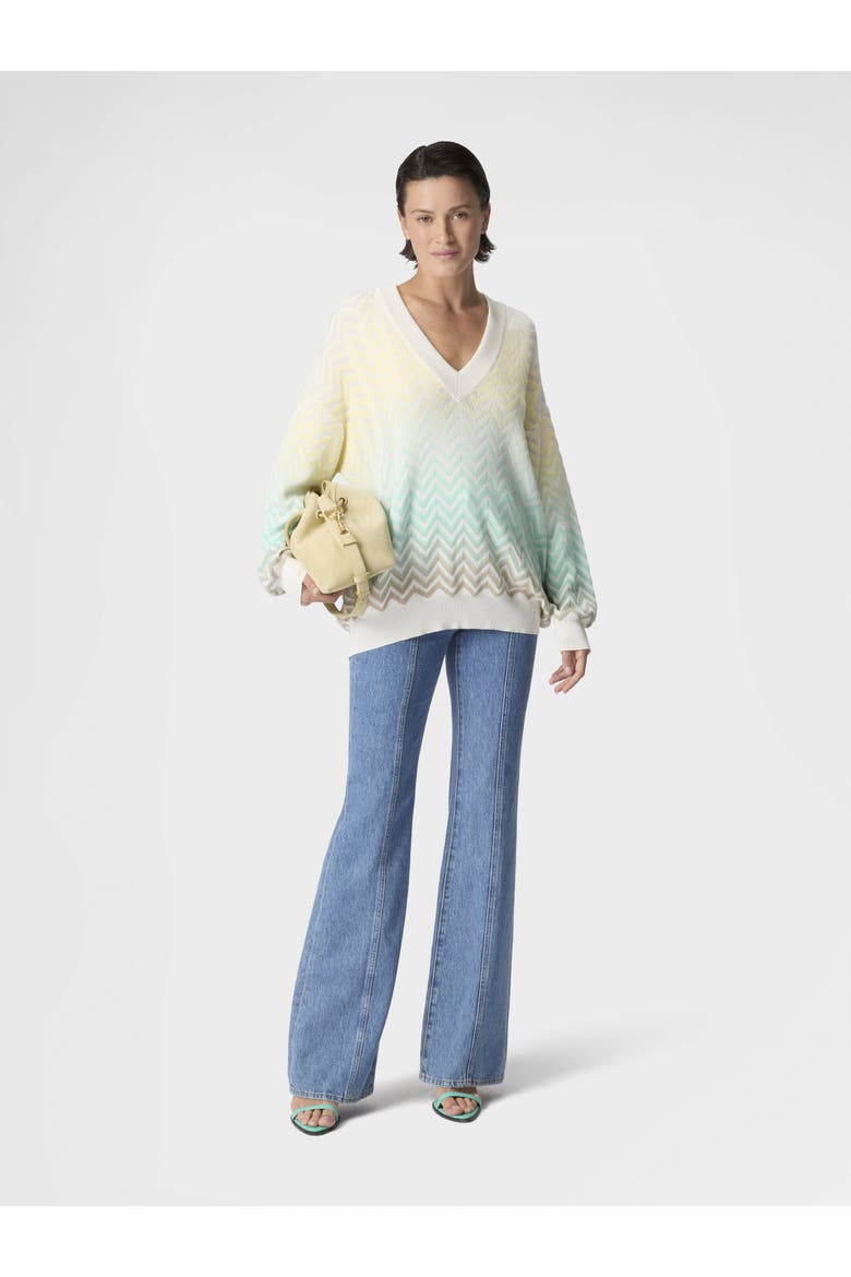 V-neck Pullover In Cotton And Viscose Chevron Dégradé, Alternate, color, Light Blue& Yellow