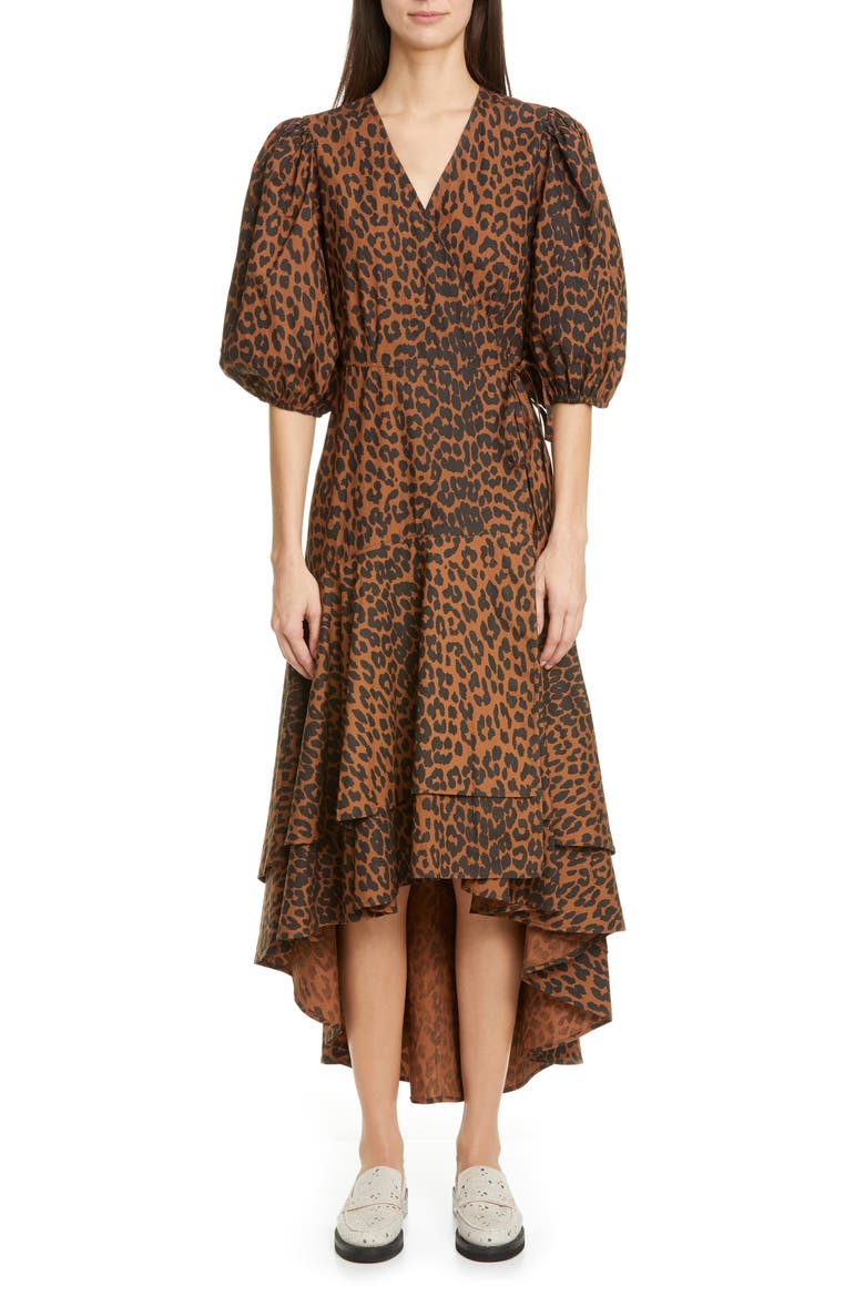 Puff Sleeve Organic Cotton High/Low Wrap Dress, Main, color, TOFFEE