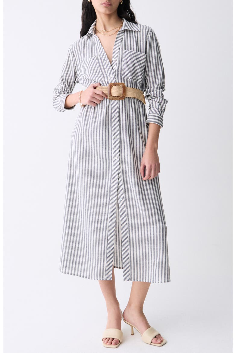 Marialva Stripe Long Sleeve Linen Blend Maxi Shirtdress, Main, color, STRIPED BLUE