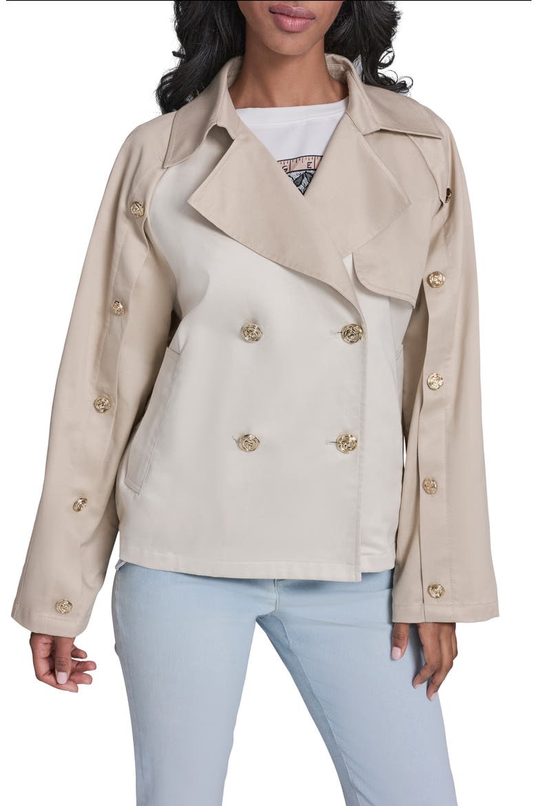 Mixed Media Crop Cotton Blend Trench Coat, Main, color, BISQUE