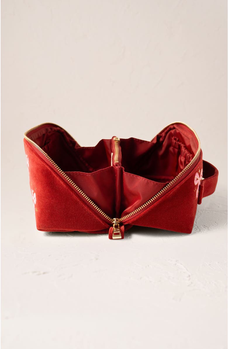 Elizabeth Scarlett Dazzling Bows Velvet Open Flat Makeup Bag, Alternate, color, Rouge