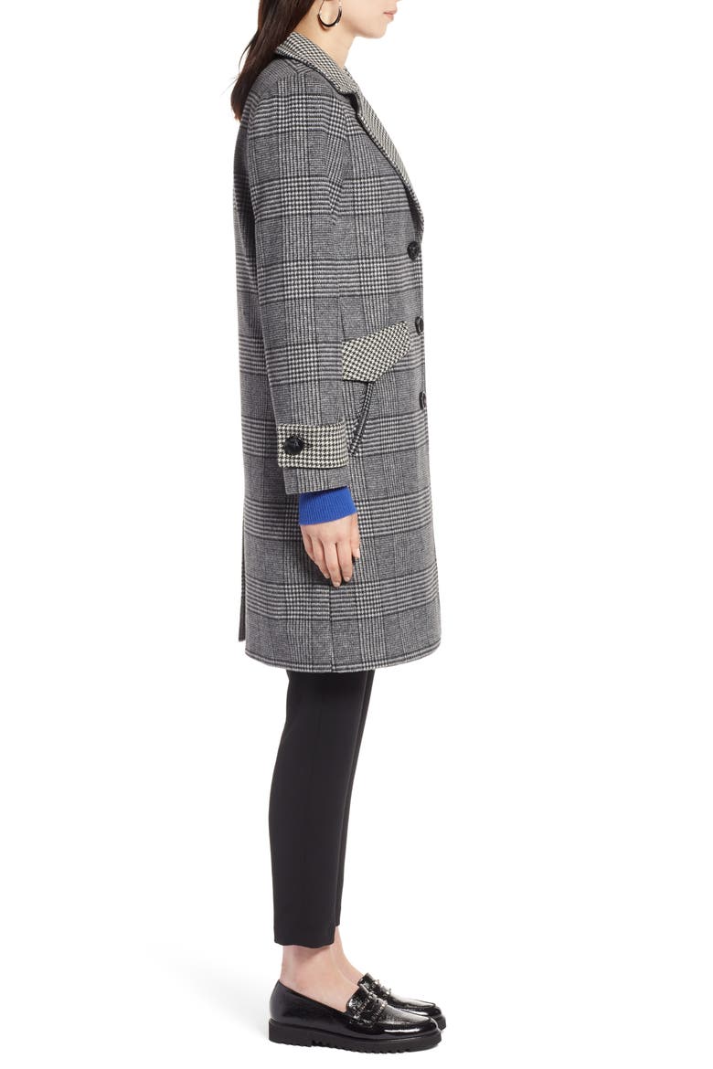 Plaid Mix Wool Coat, Alternate, color, BLACK- IVORY PLAID