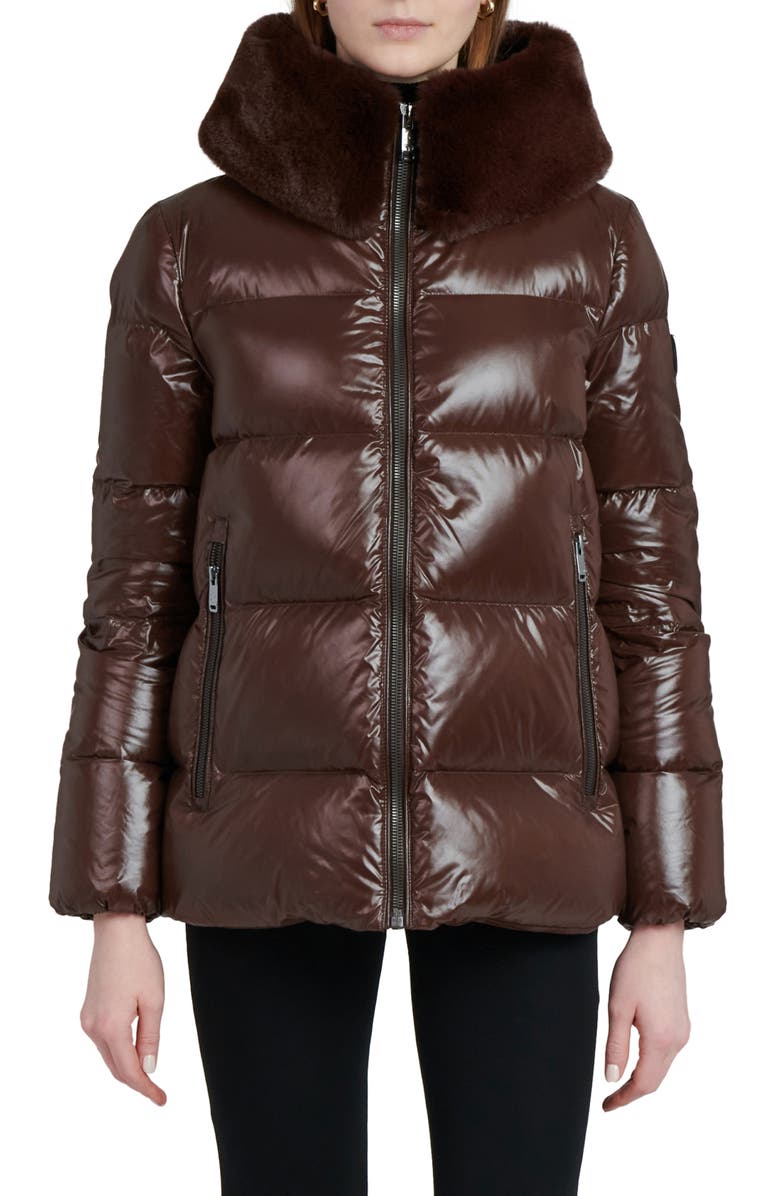 The Recycled Planet Company Water Resistant Nylon Down Puffer Coat with Faux Fur Trim, Main, color, Dark Coffee