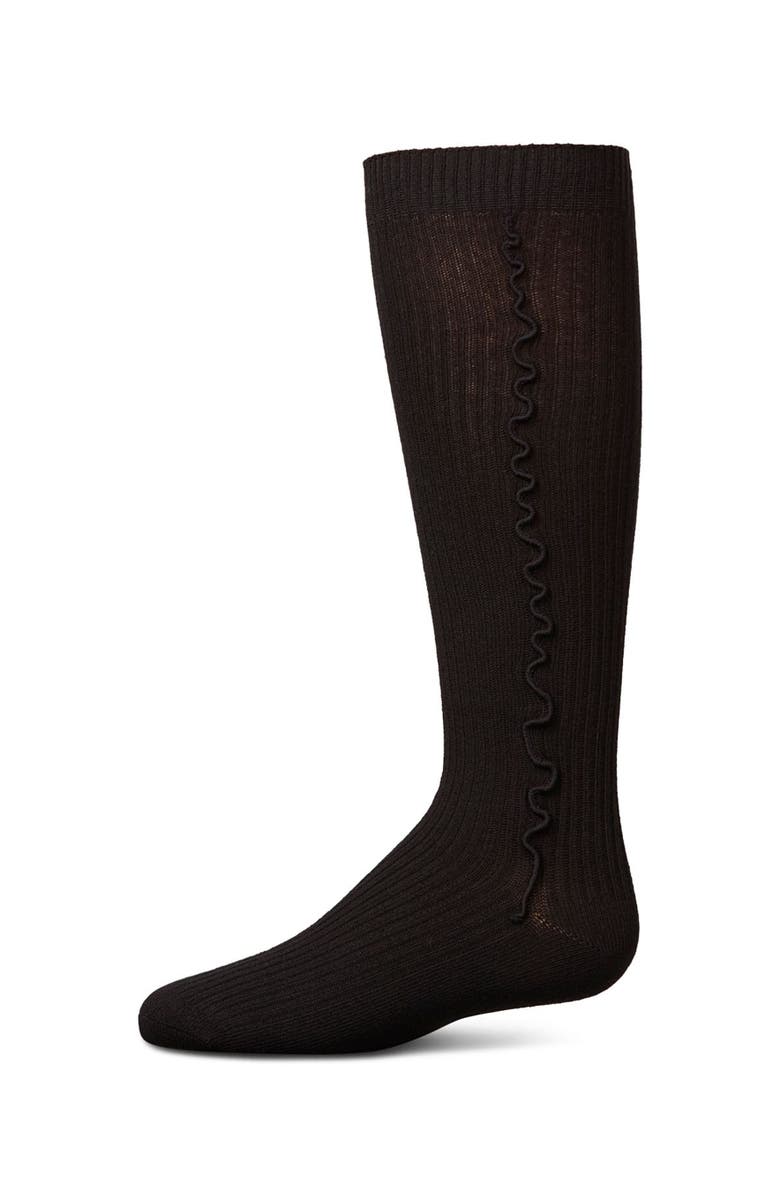 MeMoi Ribbed Knee Sock with Wavy Line Ruffle, Main, color, Black