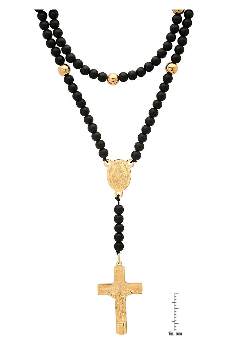 Men's Black Lava Beaded Rosary Necklace, Alternate, color, GOLD/ BLACK