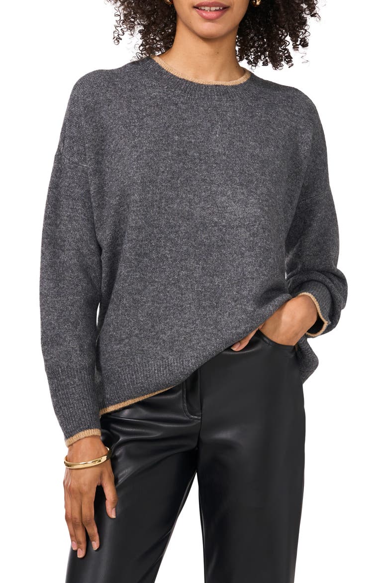 Tipped Crewneck Sweater, Main, color, MED HTHRGREY