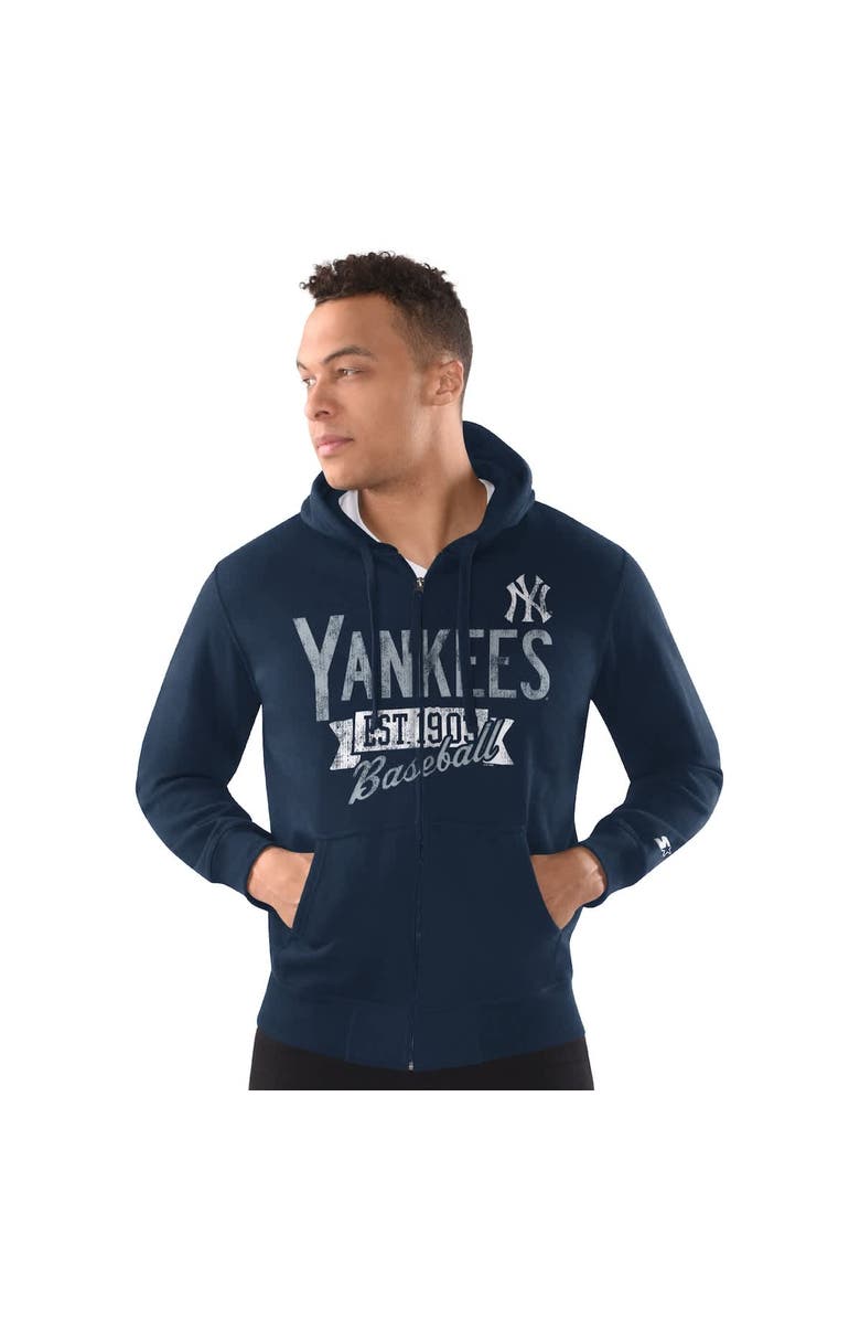 STARTER Men's Starter Navy New York Yankees Distressed Full-Zip Hooded Jacket, Alternate, color, Navy