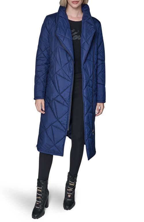 Karl Lagerfeld Paris Quilted Asymmetric Midi Coat In Blue