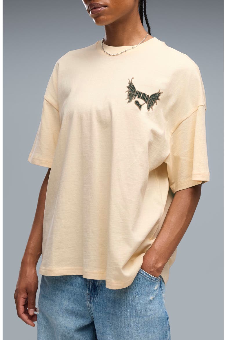 Street Glam Oversize Studded Cotton Graphic T-Shirt, Main, color, BUTTERCREAM