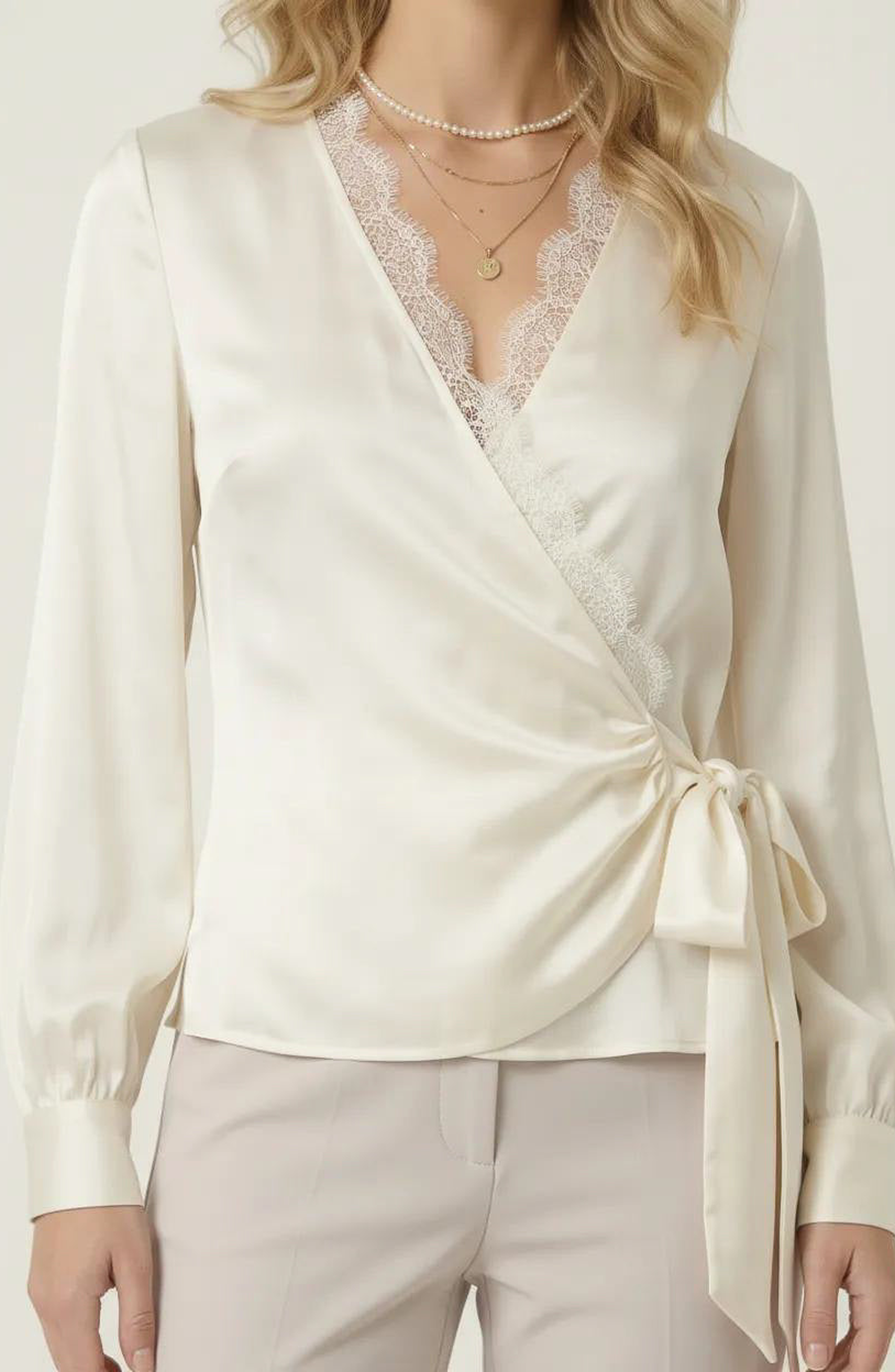 Lace Trim V-Neck Wrap Blouse - image 3