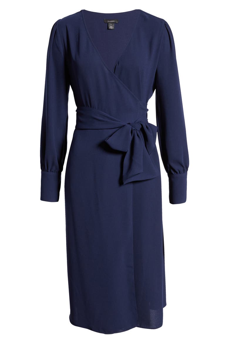 Long Sleeve Wrap Midi Dress, Alternate, color, NAVY PEACOAT