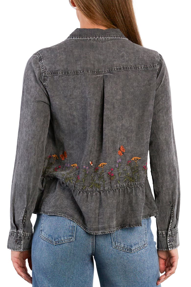 Life is a Flower Embroidered Button-Up Shirt, Alternate, color, GREY WASH