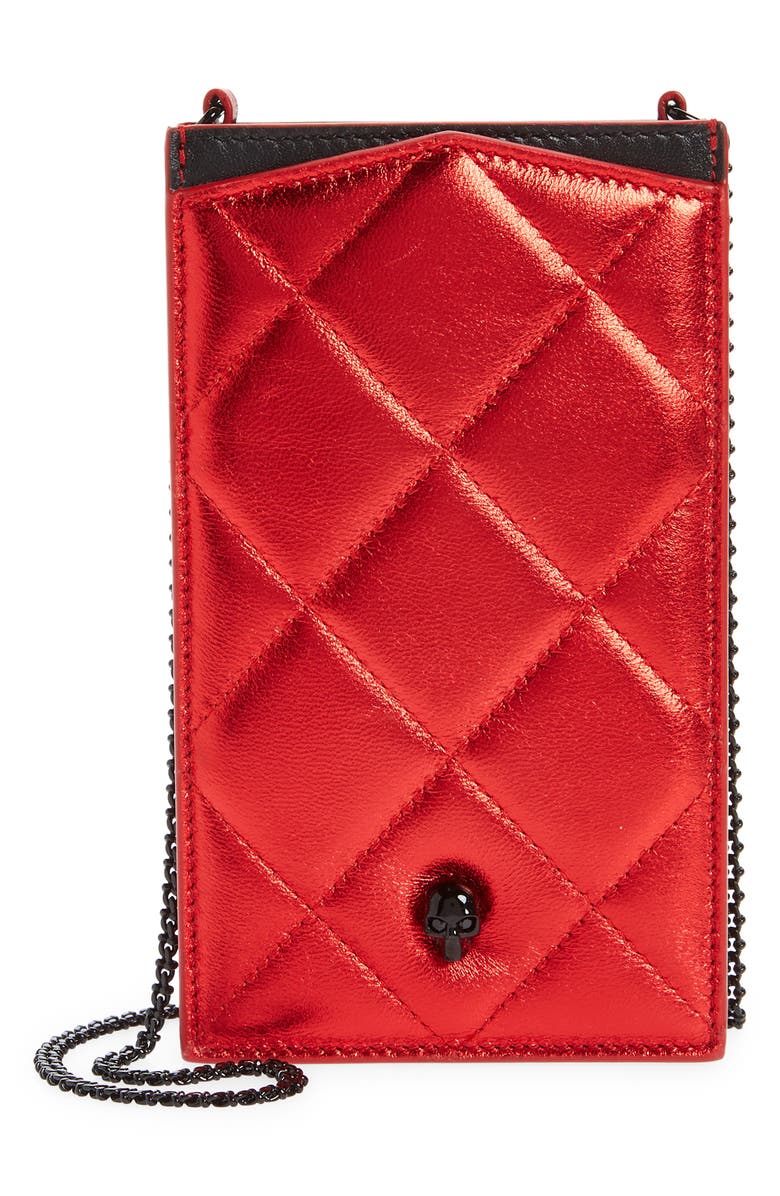 McQueen Alexander McQueen Skull Quilted Metallic Leather Crossbody Phone Case, Main, color,
