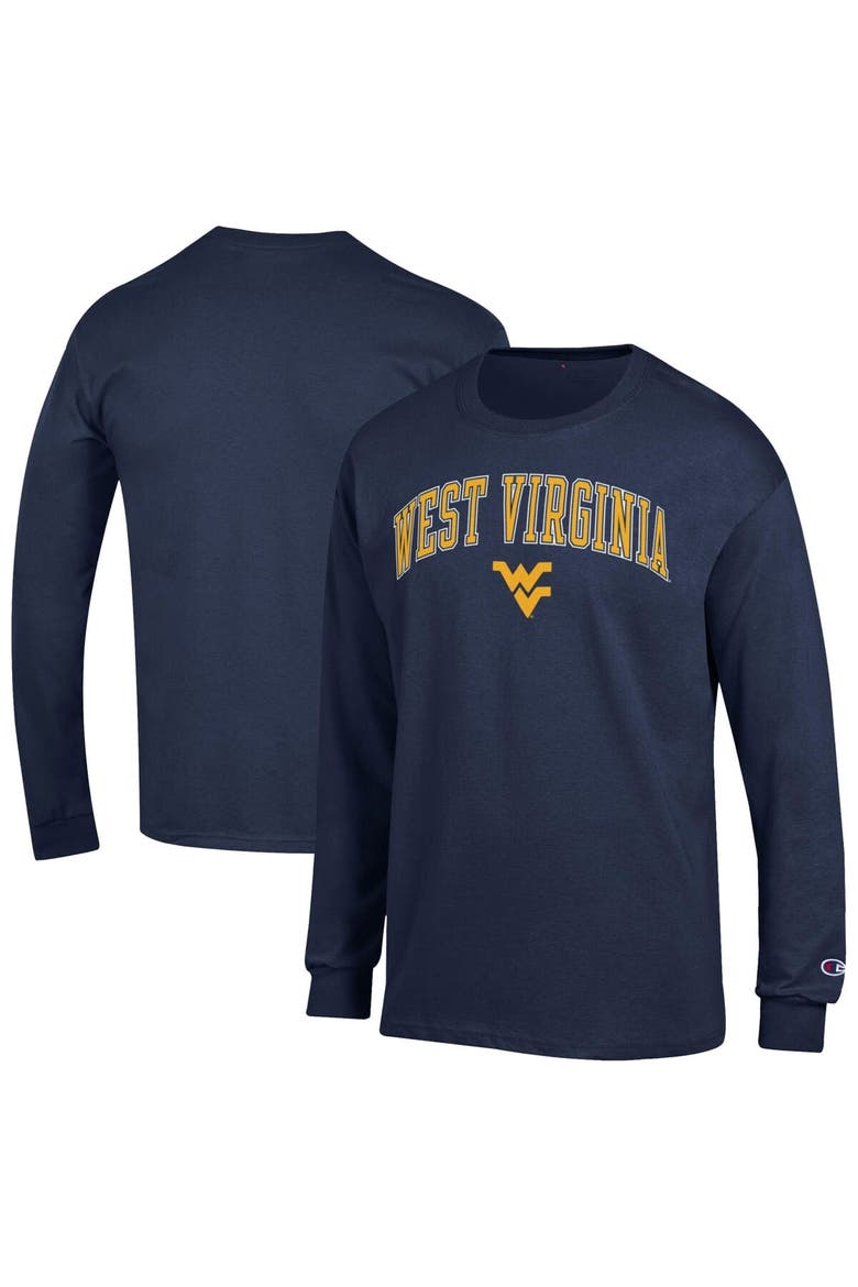 Men's Champion  Navy West Virginia Mountaineers Arch Over Logo Long Sleeve T-Shirt, Alternate, color, Navy