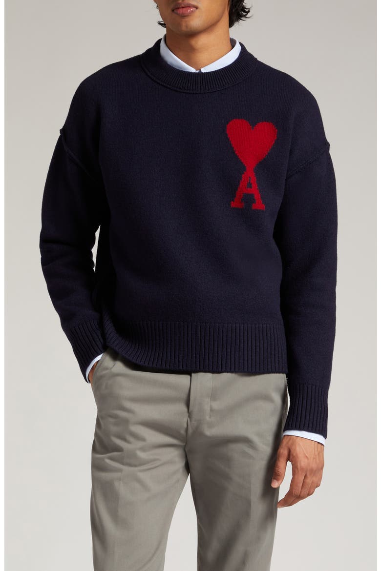 Ami de Coeur Monogram Wool Sweater, Main, color, NIGHT BLUE