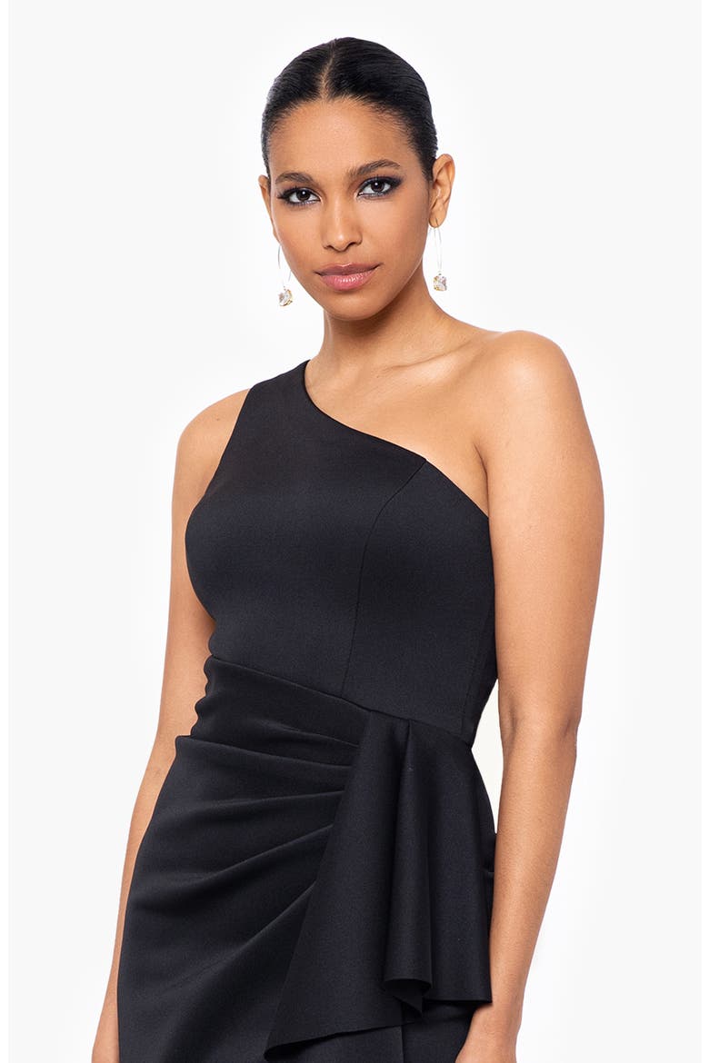 One-Shoulder Ruffle Scuba Crepe Gown, Alternate, color, BLACK