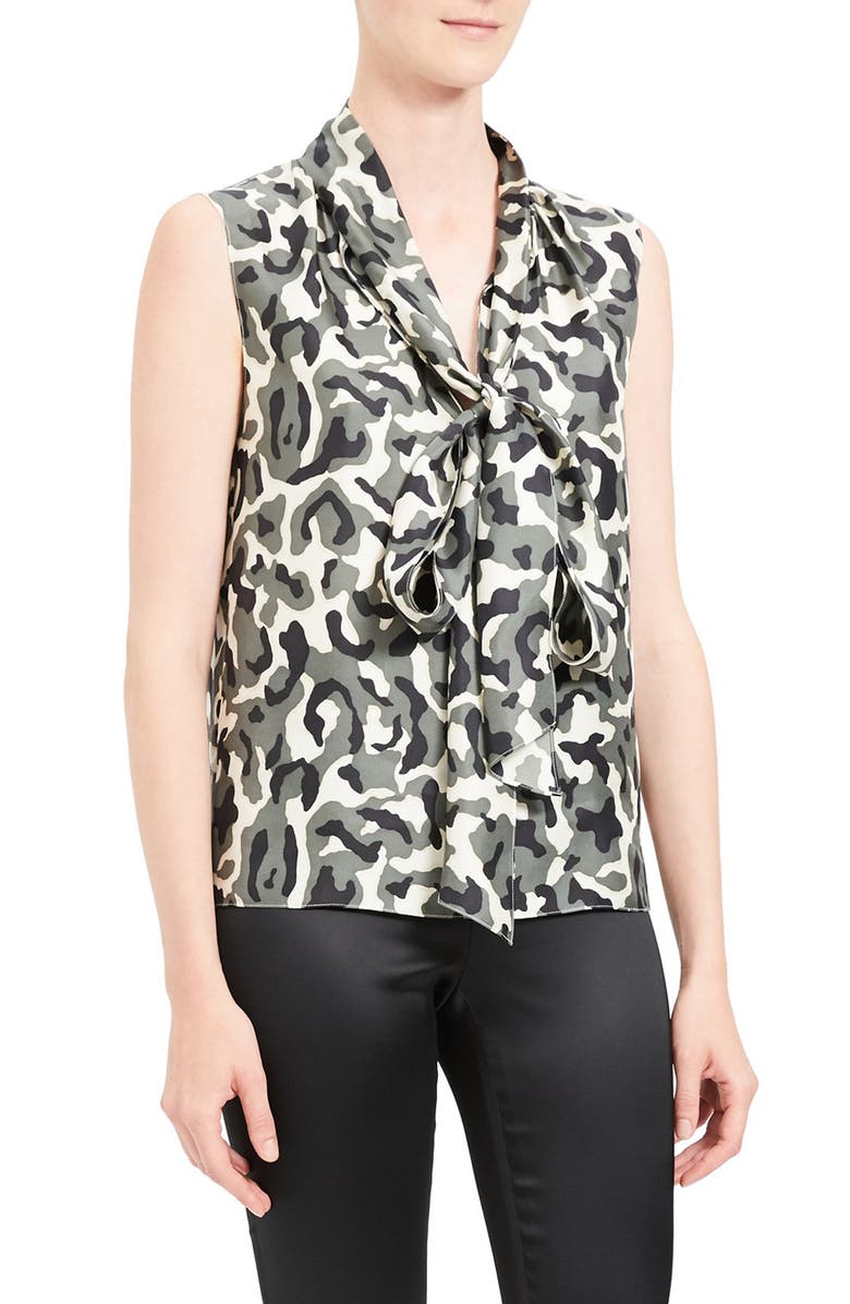 Theory Camo Print Tie Neck Sleeveless Silk Blouse, Alternate, color, 