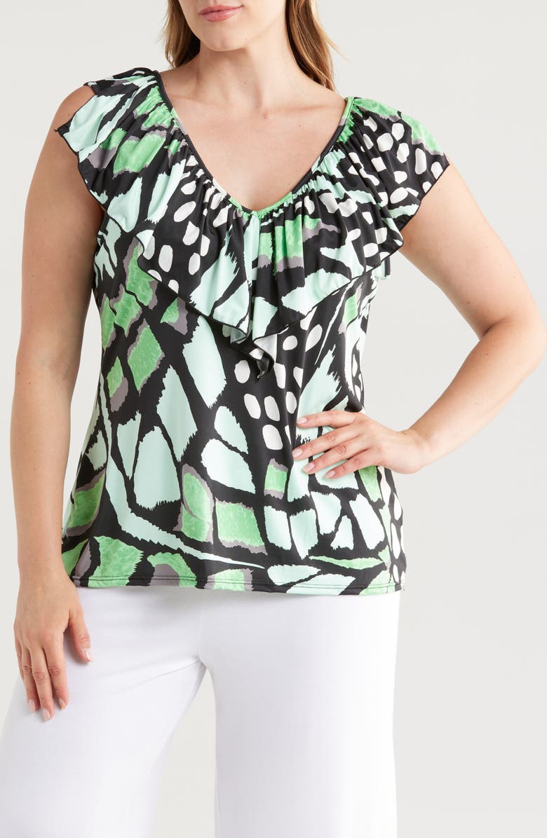 24seven Comfort Apparel Butterfly Print Ruffle Top, Main, color, 