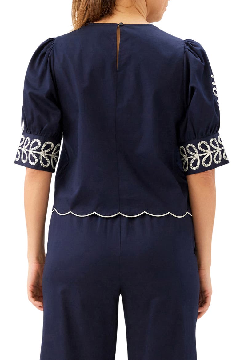 Embroidered Scallop Puff Sleeve Cotton Top, Alternate, color, NAVY