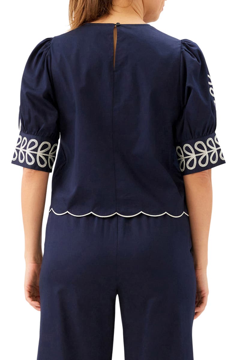 Karen Kane Embroidered Scallop Puff Sleeve Cotton Top, Alternate, color, Navy