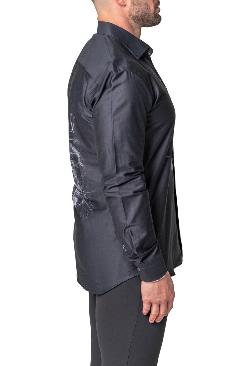 Fibonacci Lion Crown Regular Fit Cotton Blend Button-Up Shirt, Alternate, color, BLACK