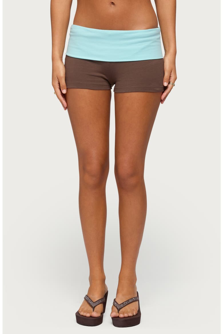 Emmey Contrast Foldover Waistband Shorts, Main, color, BROWN-AND-AQUA