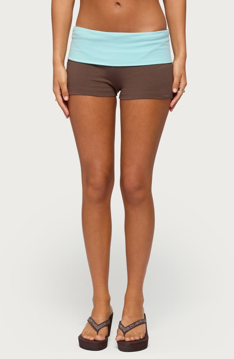 EDIKTED Emmey Contrast Foldover Waistband Shorts, Main, color, Brown-And-Aqua
