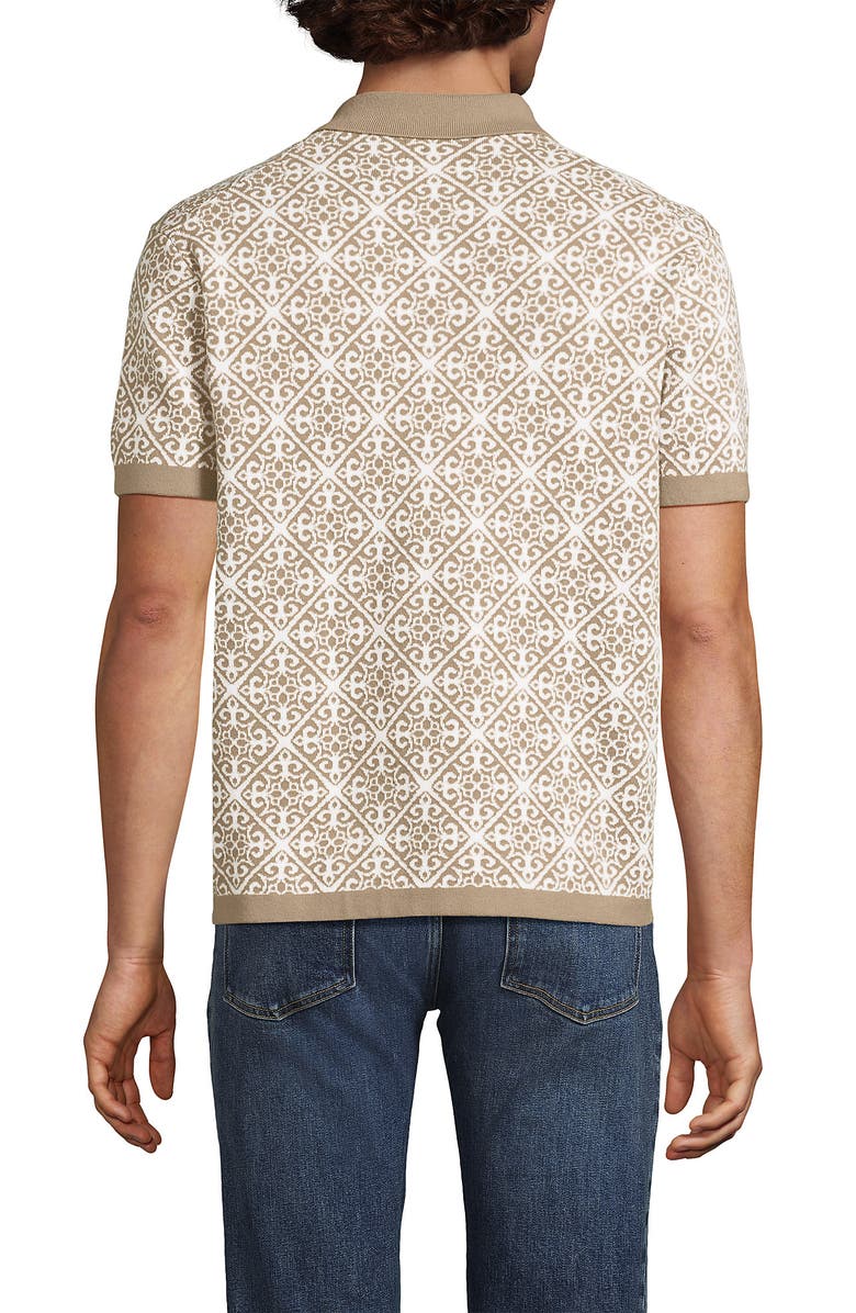 Lands' End Short Sleeve Tile Jacquard Button Down Sweater Polo, Alternate, color, Khaki /Vanilla Tile