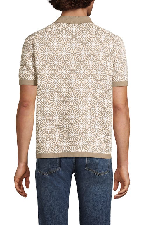 Lands' End Short Sleeve Tile Jacquard Button Down Sweater Polo In Brown