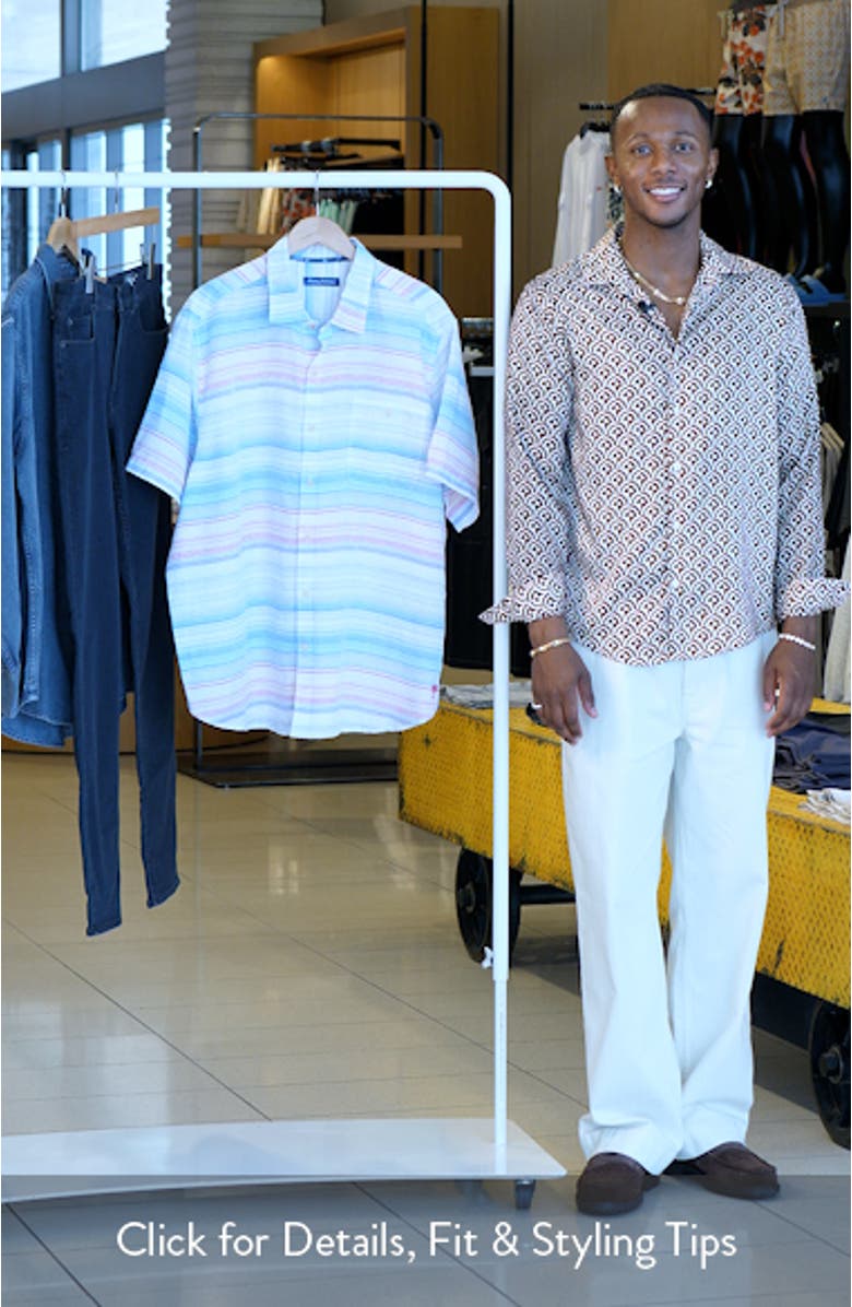 Sand Sicily Stripe Short Sleeve Linen Blend Button-Up Shirt, sales video thumbnail