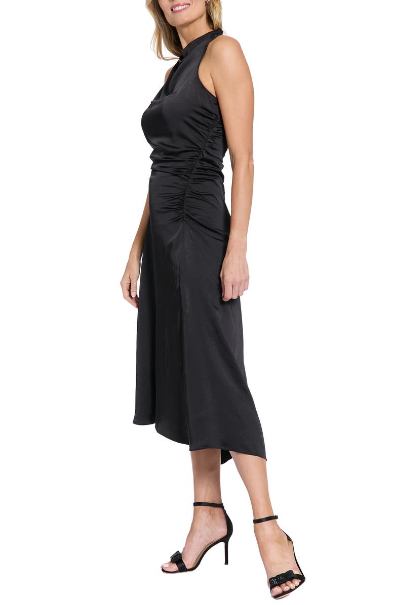 London Times Mock Neck Ruched Asymmetric Midi Dress, Alternate, color, Black