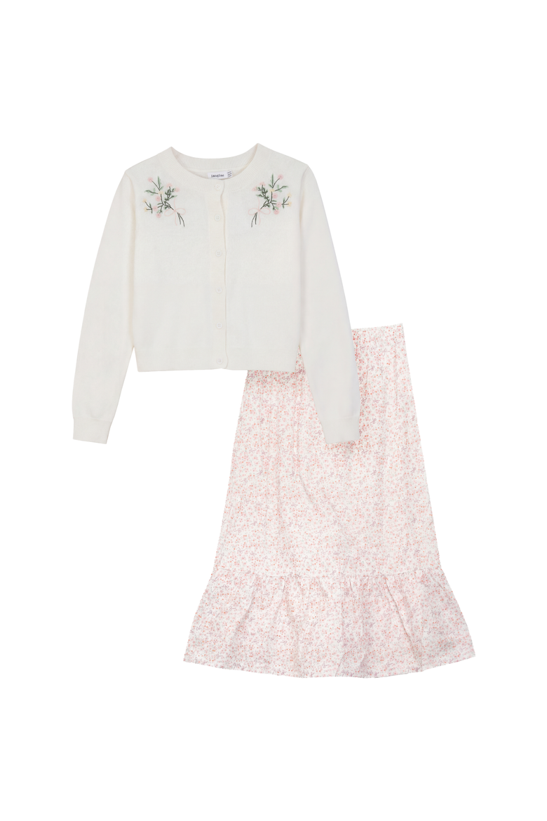Girls Floral Tiered Skirt and Knit Cardigan Set, Main, color, Cream/Pink