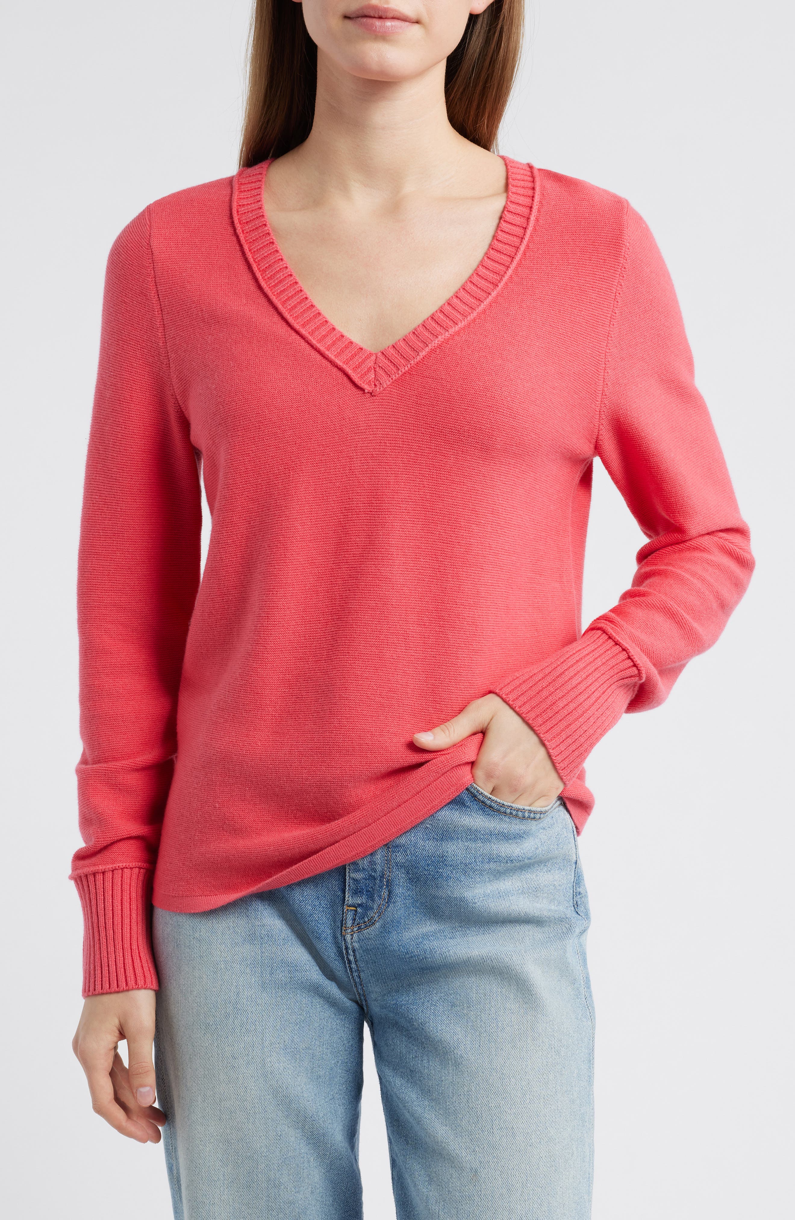 NIC+ZOE Garter V-Neck Cotton Blend Sweater