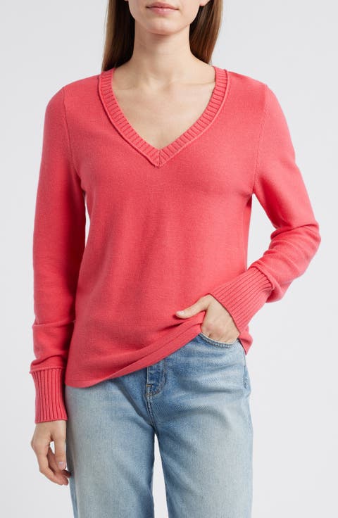Garter V-Neck Cotton Blend Sweater