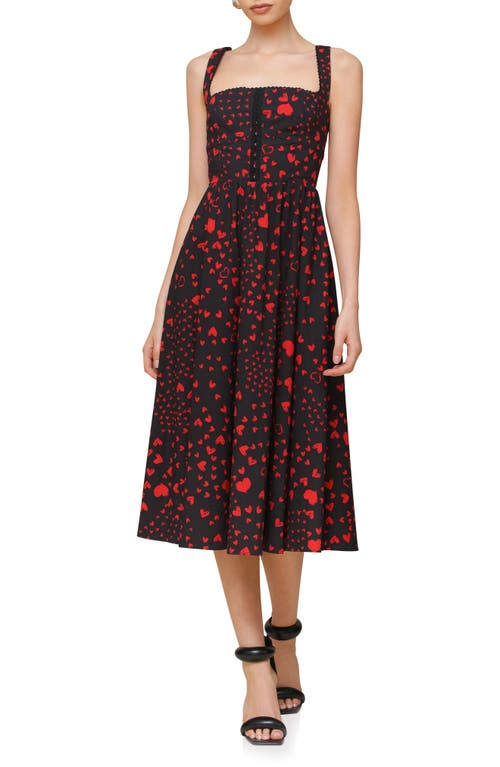Avec Les Filles Heart Corset Midi Sundress In Red Swirl Hearts